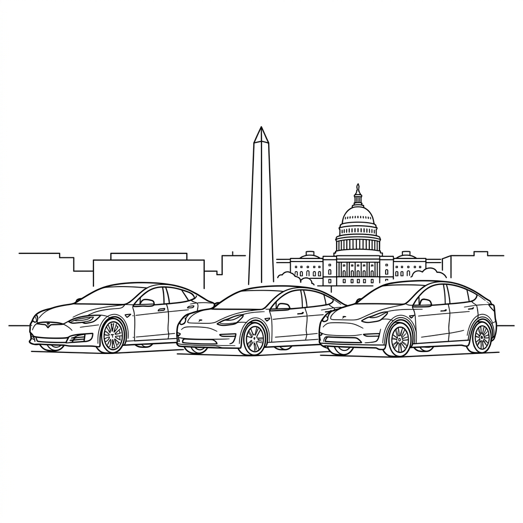 DC Skyline outline graphic with Tesla cars